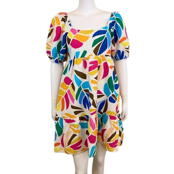 Tabitha Brown Linen Babydoll Tropical Mini Dress Pockets Size XXS - Picture 8 of 8